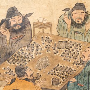 D'après You Qiu (ca. 1525-1580), estampe rehaussé d'encre et couleurs: 'Quatre joueurs de mahjong', 20ème — photo 3