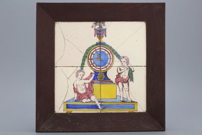 Delfts polychroom tegeltableau, met klok, vermoedelijk Utrecht, 19e eeuw