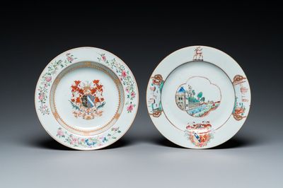 Deux assiettes armoriées en porcelaine de Chine famille rose, Yongzheng/Qianlong