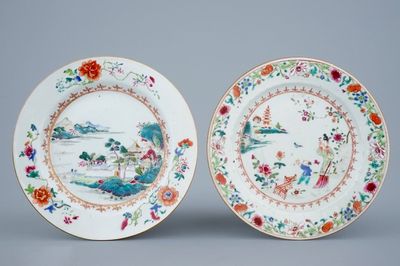 Deux assiettes en porcelaine de Chine famille rose d'export, Qianlong, 18ème