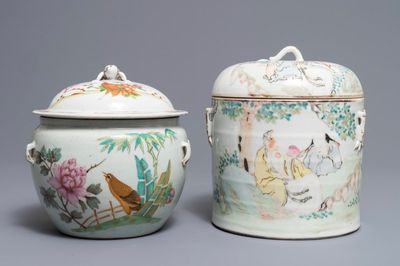 Deux bols couverts en porcelaine de Chine qianjiang cai et famille rose, 19/20ème