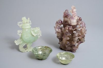 Deux bols et deux vases couverts en jade et améthyste, 20ème