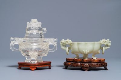 Deux brûle-parfums en jade et cristal de roche, Chine, 20ème