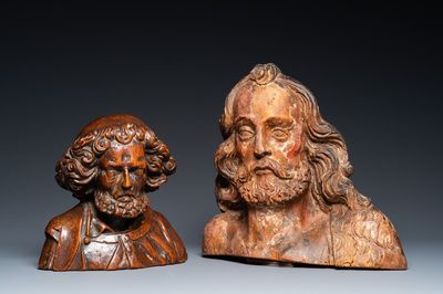 Deux bustes de saints en bois sculpté, Italie ou France, 17ème
