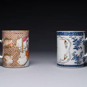 Deux chopes en porcelaine de Chine famille rose à décor figuratif et floral, Qianlong — photo 3