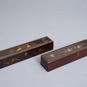 Deux éventails en laque et papier peint dans leur boîtes d'origine, Canton, Chine, 19ème — photo 2