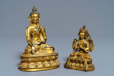 Deux figures de Bouddha Shakyamuni et d' Avalokitesvara en bronze doré, Sino-Tibet, 18/19ème