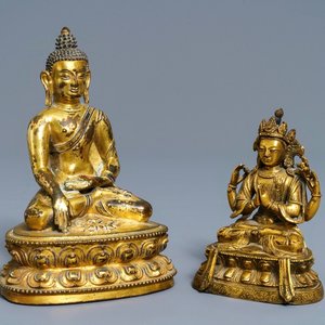 Deux figures de Bouddha Shakyamuni et d' Avalokitesvara en bronze doré, Sino-Tibet, 18/19ème — photo 1