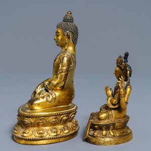 Deux figures de Bouddha Shakyamuni et d' Avalokitesvara en bronze doré, Sino-Tibet, 18/19ème — photo 3