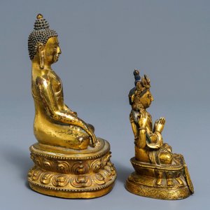 Deux figures de Bouddha Shakyamuni et d' Avalokitesvara en bronze doré, Sino-Tibet, 18/19ème — photo 5
