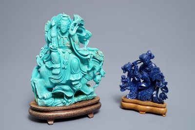 Deux figures en turquoise et lapis lazuli sculpté, Chine, 20ème