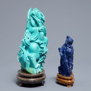 Deux figures en turquoise et lapis lazuli sculpté, Chine, 20ème — photo 3