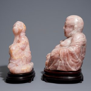Deux grandes figures en quartz rose sur socles en bois, Chine, 20ème — photo 3