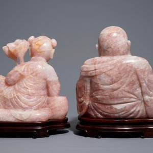 Deux grandes figures en quartz rose sur socles en bois, Chine, 20ème — photo 4