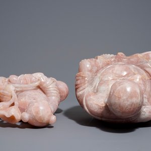 Deux grandes figures en quartz rose sur socles en bois, Chine, 20ème — photo 6