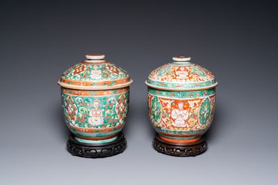 Deux grands bols couverts en porcelaine de Chine Bencharong pour le marché thai, 18/19ème