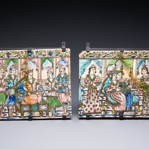 Deux grands carreaux de forme rectangulaire en céramique qajare, Iran, 19ème — photo 1