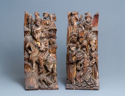 Deux grands fragments de retables en bois sculpté et polychromé, probablement Brabant, 15/16ème