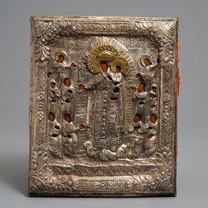 Deux icônes russes de type oklad ou riza en cuivre argenté: 'La Mère de Dieu aux Apôtres' et 'Pantocrator', 19ème — photo 4