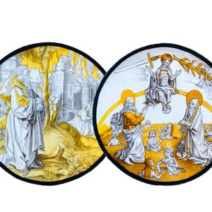 Deux médaillons en verre peint à décor du 'Jugement dernier' &' Abraham voit Sodome en flammes', Pays-Bas méridionaux, probablement 19ème — photo 1