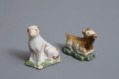 Deux miniatures d'un chien et d'une chèvre en faïence polychrome de Delft, 18ème