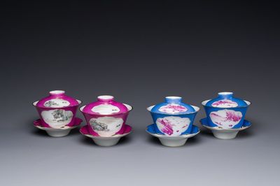 Deux paires de bols couverts sur présentoirs en porelaine de Chine qianjiang cai, signé Lin Lu 岺盧, 19/20ème