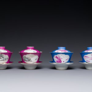Deux paires de bols couverts sur présentoirs en porelaine de Chine qianjiang cai, signé Lin Lu 岺盧, 19/20ème — photo 2