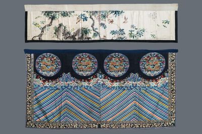 Deux panneux de forme rectangulaire en soie brodée et peinte, Chine, 19/20ème