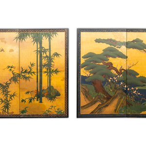 Deux paravents 'byobu' en papier peint, Japon, Meiji, 19ème — photo 1