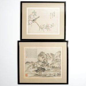 Deux peintures figurant un paysage et un oiseau sur branche, Chine, 18/19ème — photo 1