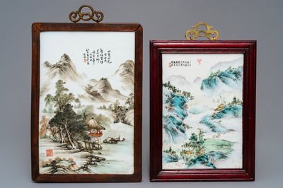 Deux plaques en porcelaine de Chine qianjiang cai, signées Wang Yun Shan et Wang Shu, datées 1932 et 1937