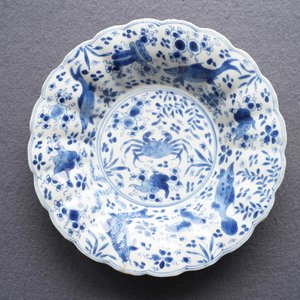 Deux plats et une paire d'assiettes en porcelaine de Chine bleu et blanc à décor de poissons et crabes, Kangxi — photo 12