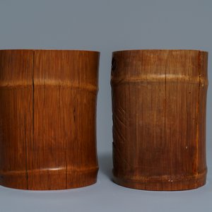 Deux pots à pinceaux en bambou et cinq socles en bois, Chine, 19/20ème — photo 3