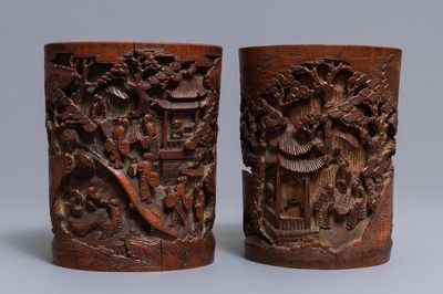 Deux pots à pinceaux en bambou sculpté, Chine, 18/19ème