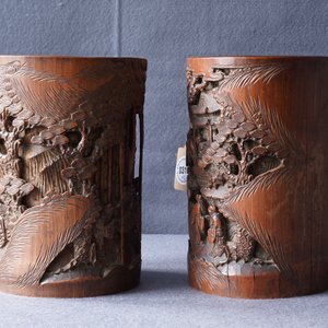 Deux pots à pinceaux en bambou sculpté, Chine, 18/19ème — photo 41