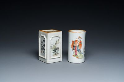 Deux pots à pinceaux en porcelaine de Chine famille rose et qianjiang cai, 19/20ème