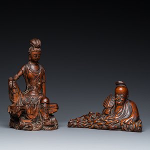 Deux sculptures en bois figurant Guanyin et Tudigong, Chine, Qing — photo 1
