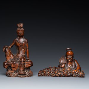 Deux sculptures en bois figurant Guanyin et Tudigong, Chine, Qing — photo 2