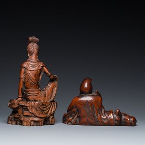 Deux sculptures en bois figurant Guanyin et Tudigong, Chine, Qing — photo 3