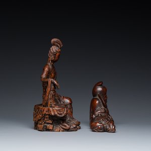 Deux sculptures en bois figurant Guanyin et Tudigong, Chine, Qing — photo 4