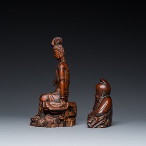 Deux sculptures en bois figurant Guanyin et Tudigong, Chine, Qing — photo 5