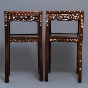 Deux socles en bois sculpté incrusté de nacre, Chine ou Vietnam, 19ème — photo 3