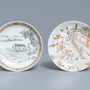 Deux soucoupes en porcelaine de Chine coquille d'oeuf en grisaille et rouge de fer, Yongzheng — photo 2