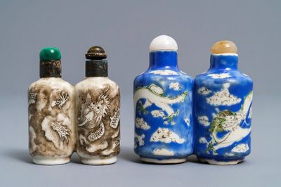Deux tabatières doubles en porcelaine de Chine à décor de dragons, 19ème