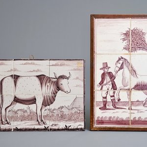 Deux tableaux de carreaux en faïence de Delft en manganèse, 19/20ème — photo 1