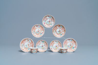 Deux tasses et sept soucoupes en porcelaine de Chine famille rose, Yongzheng