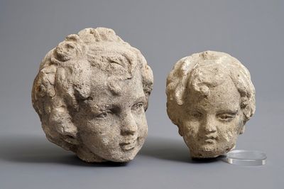 Deux têtes de chérubins en pierre calcaire, poss. France, 17ème