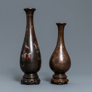 Deux vases en bronze incrusté d'argent et de cuivre pour le marché vietnamien, Chine, 19/20ème — photo 1
