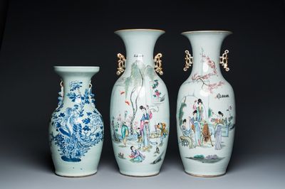 Deux vases en porcelaine de Chine famille rose et un vase à fond céladon, 19/20ème