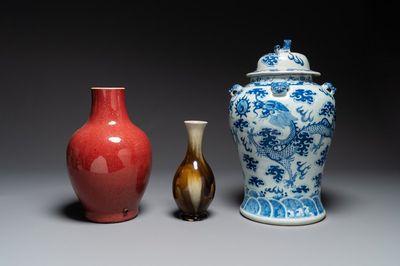 Deux vases en porcelaine de Chine monochrome et un vase couvert en bleu et blanc, 19ème